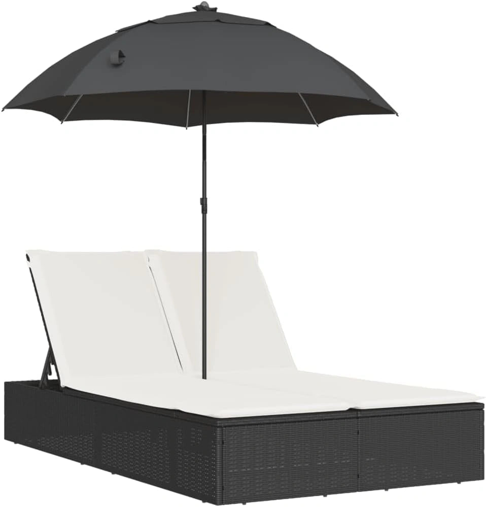 Bain de soleil double en résine tressée avec coussins et parasol noir