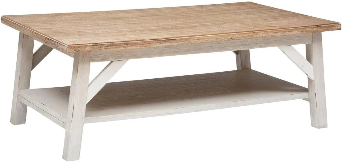 Table Basse Rectangulaire Bois & Blanc avec Rangement, Style Bohème - 120 x 70 cm