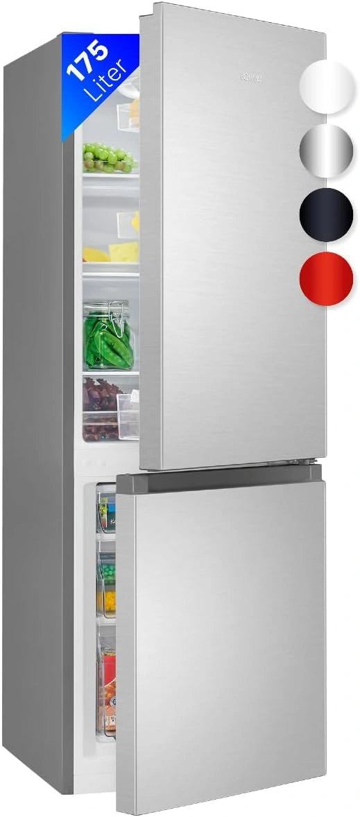 Bomann Réfrigérateur-Congélateur 175L, Inox, Température Ajustable, Portes Réversibles, Pieds Réglables