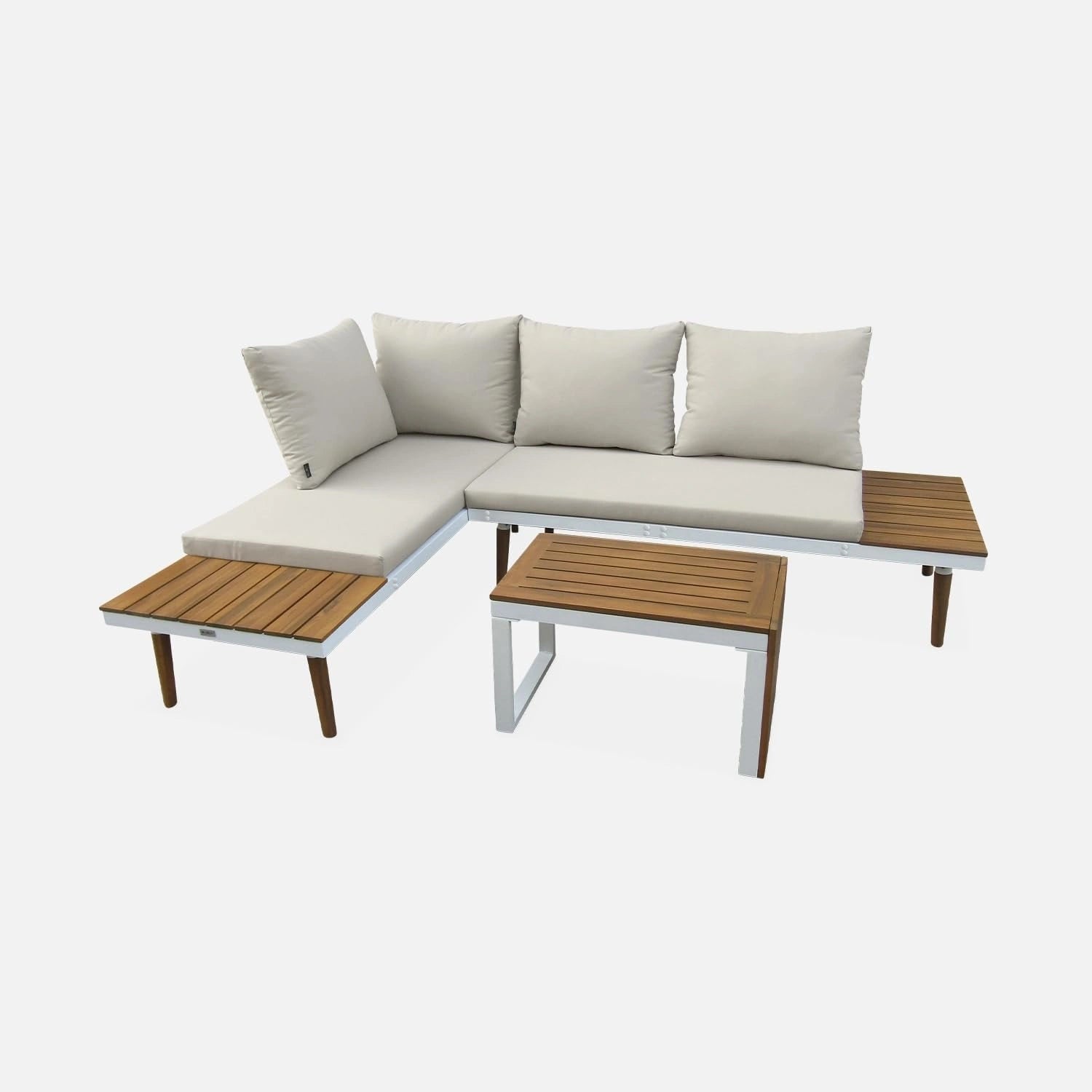 Ensemble de Jardin Modulable 4 Places en Aluminium et Acacia - Beige et Blanc