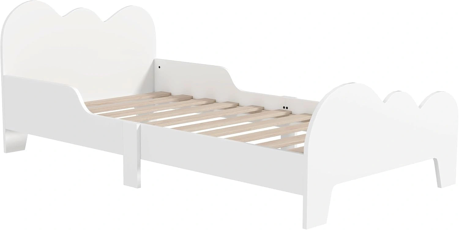 Lit Enfant 70x140 cm avec Barrière, Sommier et Décor Nuage - Pour 3 à 8 Ans
