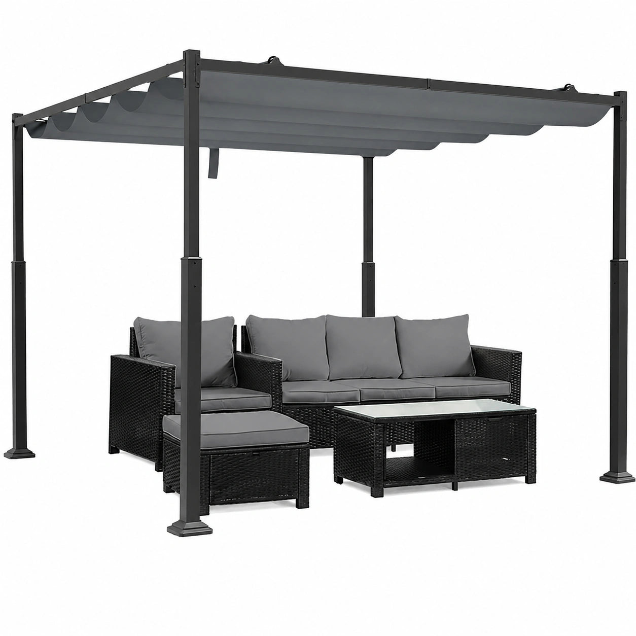 Pergola Rétractable 3x3m pour Terrasse et Jardin, Protection Solaire en Métal et Toile Gris Foncé