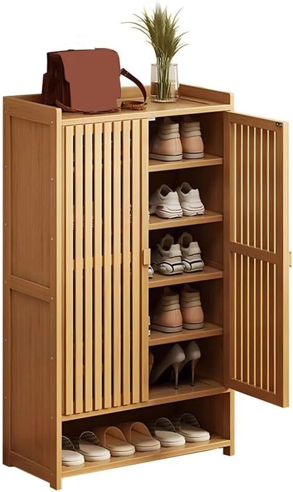 Meuble à Chaussures en Bambou Moderne, 6 à 8 Niveaux avec Portes Aérées pour Entrée ou Chambre