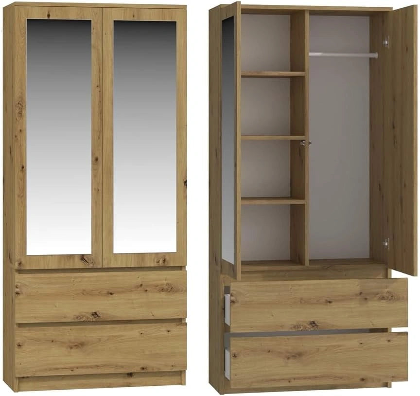 Armoire avec Miroir et Rangement, 90x180x50 cm, Chêne Artisan - Pour Chambre ou Bureau