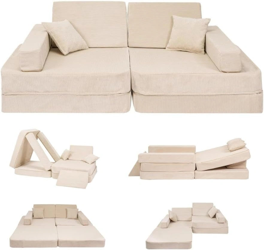 Angelove Canapé Enfant Convertible 2-en-1 Velours Côtelé Beige