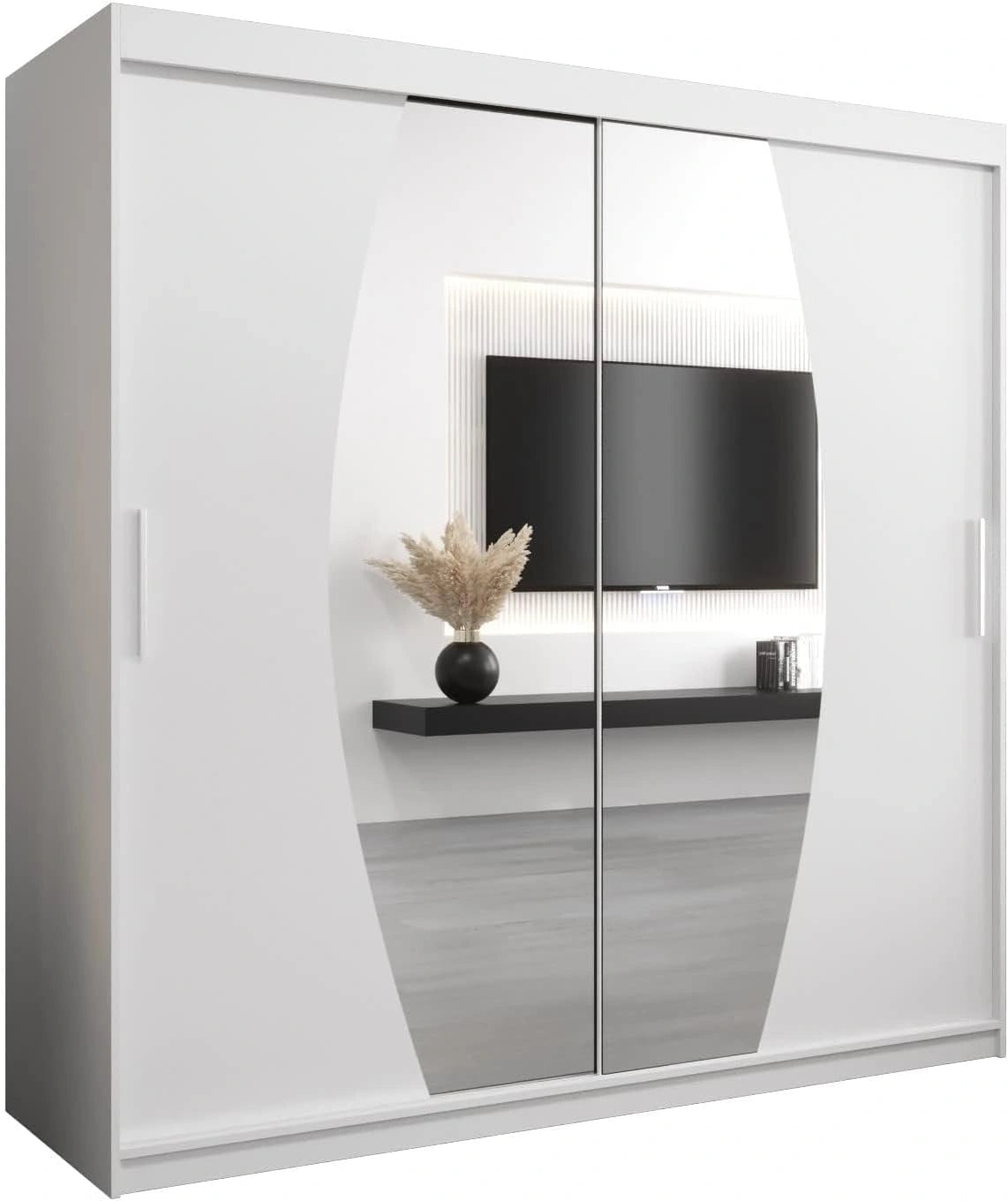 Armoire Moderne Elypse 200 avec Portes Coulissantes et Miroir 200x200x62 cm - Blanc Mat