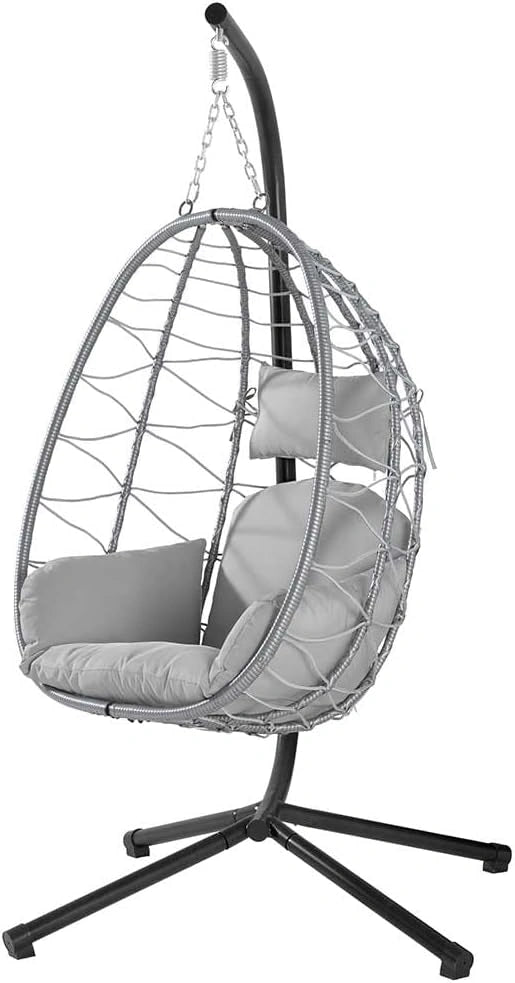 Chaise suspendue de jardin Bakaji, balançoire extérieure en métal, rotin et corde avec coussin gris 198x110x95 cm