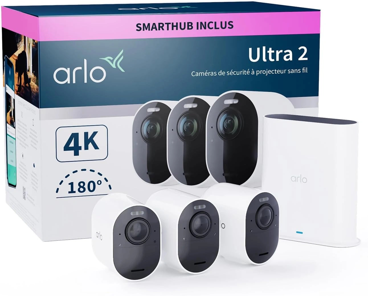 Caméra de Surveillance WiFi Arlo Ultra 2 4K, Extérieure Sans Fil avec Smarthub, Vision Nocturne en Couleur, Détection de Mouvement, Compatible Alexa, Pack de 3 Caméras Blanches avec Essai Arlo Secure