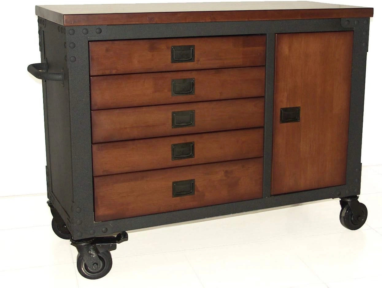 Coffre à Outils Roulant 5 Tiroirs Duramax avec Armoire pour Maison et Atelier, Chariot de Rangement Vintage 122x51x94 cm