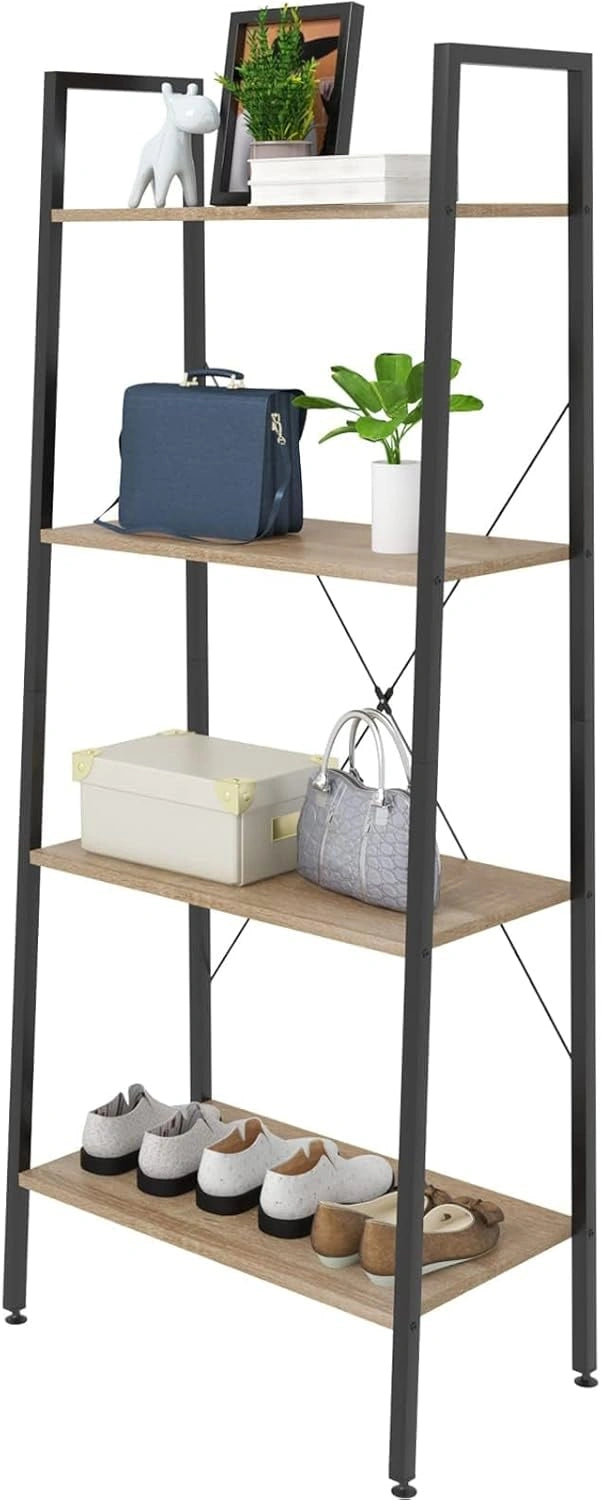 eSituro Étagère de Rangement à 4 Niveaux en Métal et Bois, Design Échelle, Chêne Clair et Noir, 60x35x148cm