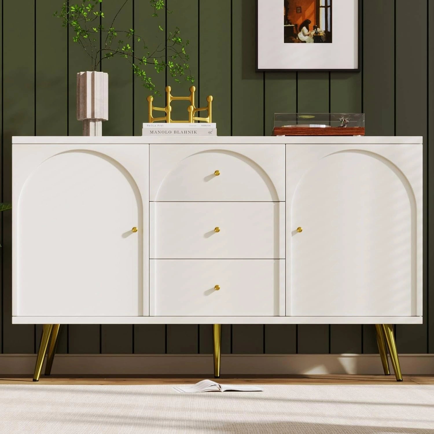 Buffet Commode Multifonction Crème avec Portes et Tiroirs, Design Épuré, 140x40x84 cm