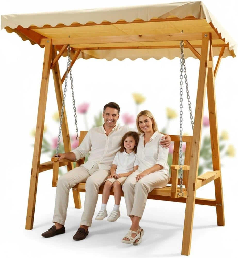 Balancelle de Jardin en Bois avec Toit Beige - Confort et Élégance