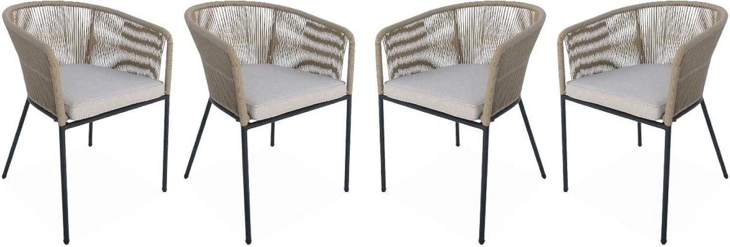 Alice's Garden - Ensemble de 4 Fauteuils de Jardin en Corde Beige et Acier Galvanisé avec Coussins