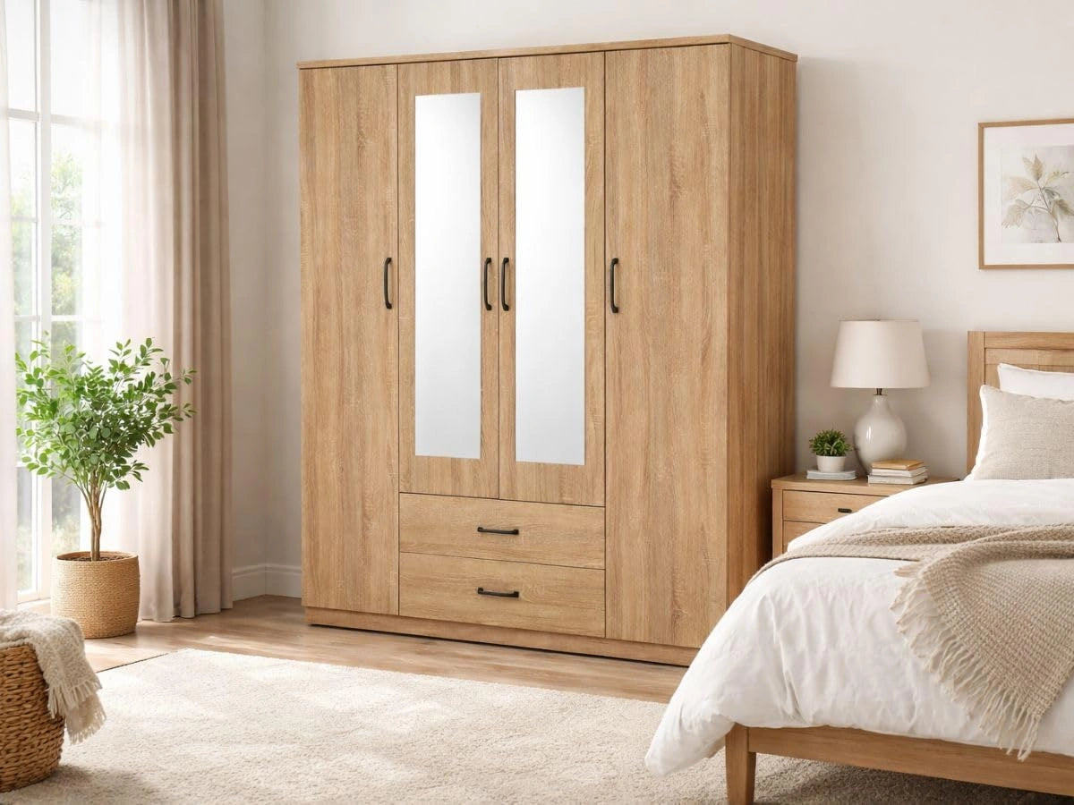 Garde-robe Valentina 4 Portes avec Penderie et Tiroirs - Chambre Moderne en Chêne
