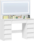 Coiffeuse Moderne avec Éclairage LED et Multiprise, 9 Tiroirs, 3 Espaces Ouverts, Meuble Blanc
