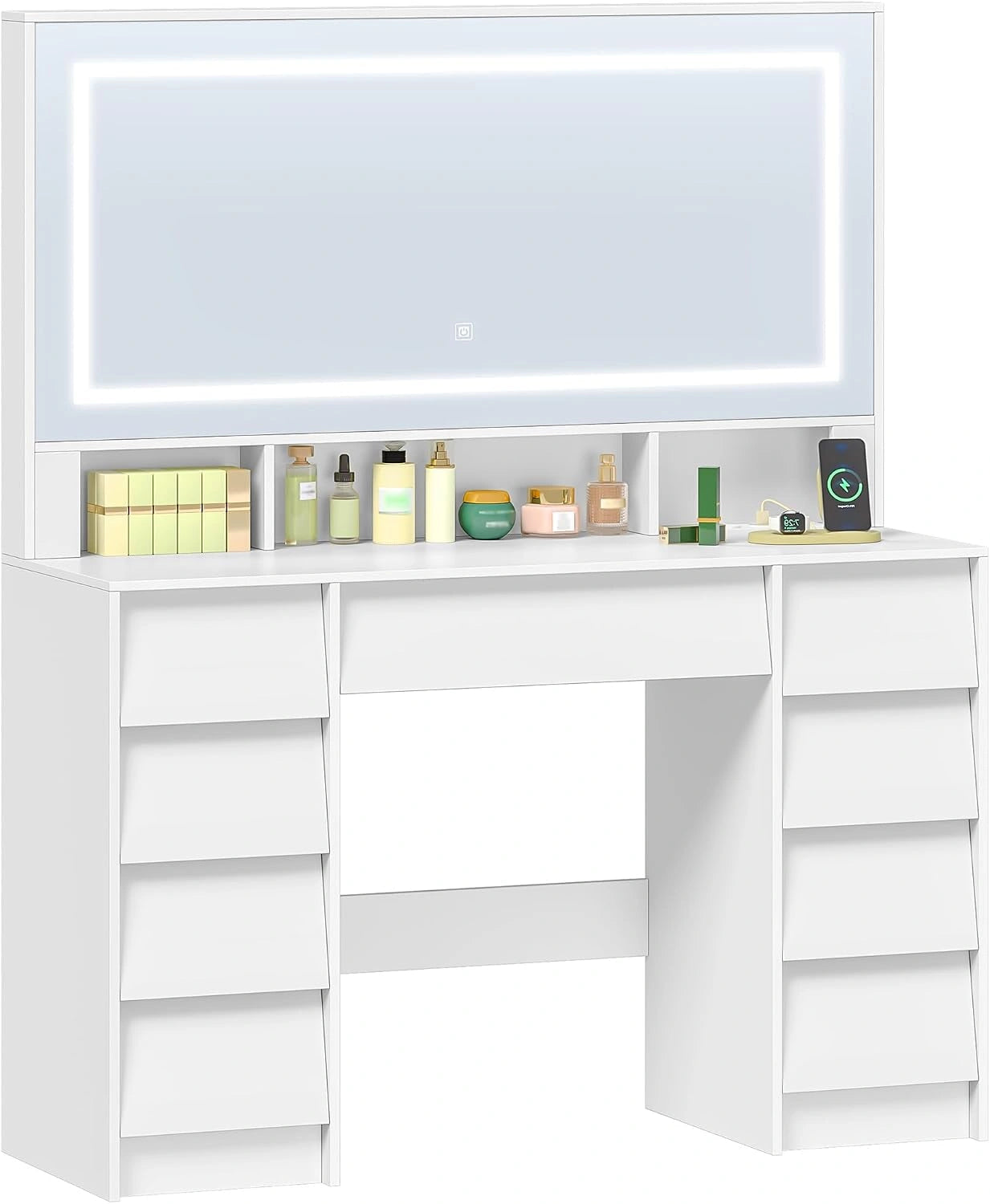 Coiffeuse Moderne avec Éclairage LED et Multiprise, 9 Tiroirs, 3 Espaces Ouverts, Meuble Blanc