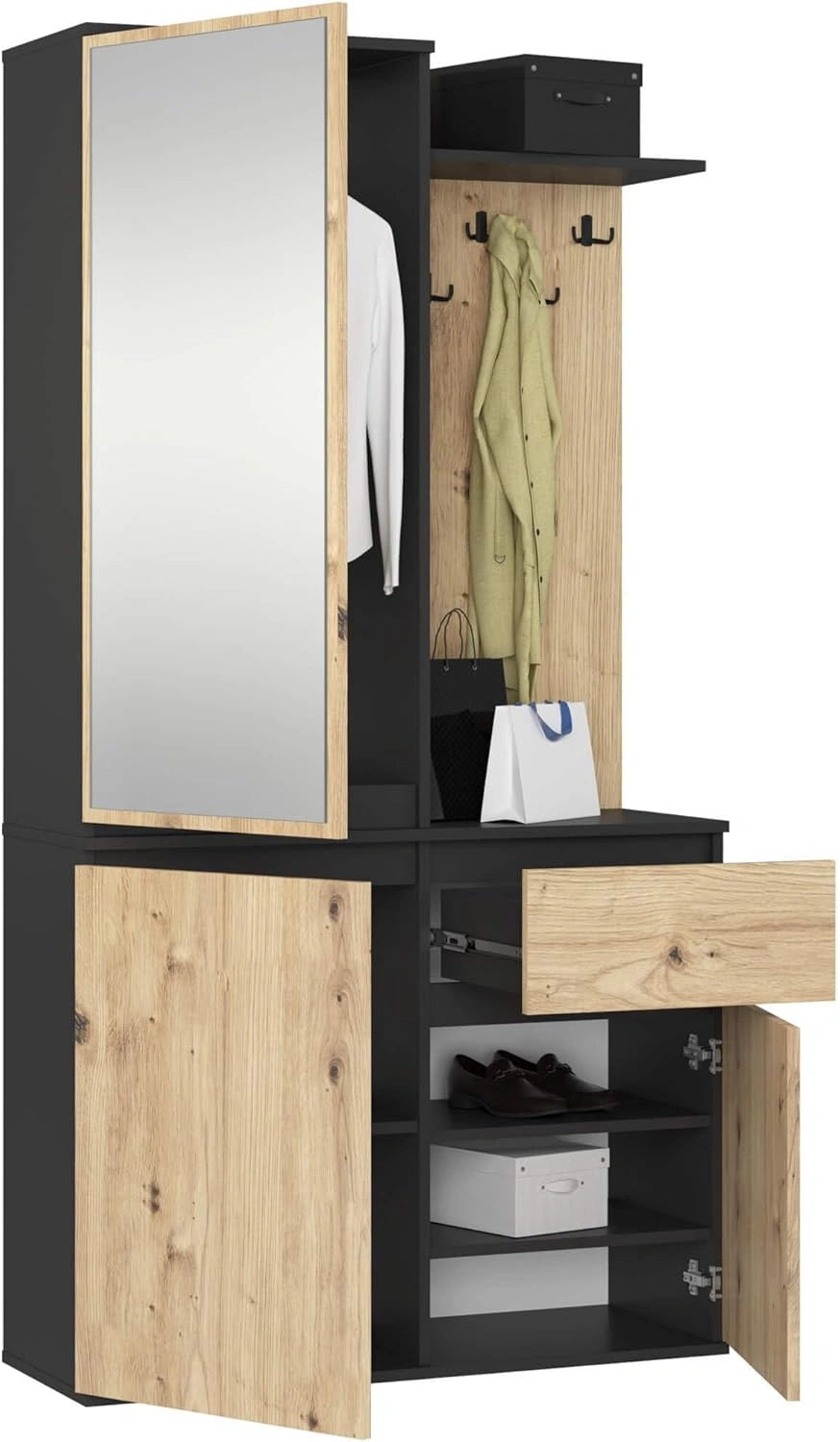Meuble d'Entrée Compact avec Miroir - 95 cm, 3 Portes, 1 Tiroir, 7 Étagères - Noir et Chêne