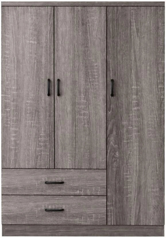 Garde-robe Valentina 3 portes en bois gris avec tiroirs et étagères