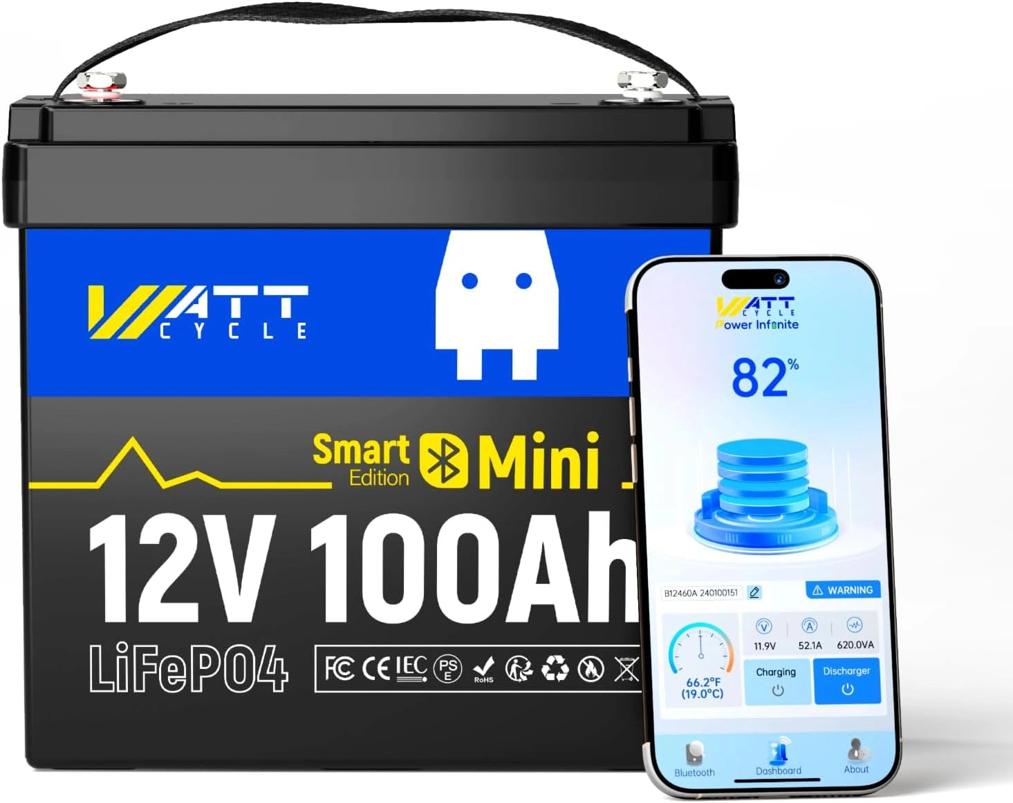 Batterie LiFePO4 12V 100Ah avec Bluetooth, Protection Température et BMS 100A, 15000 Cycles, Idéale pour Camping-Car et Système Solaire