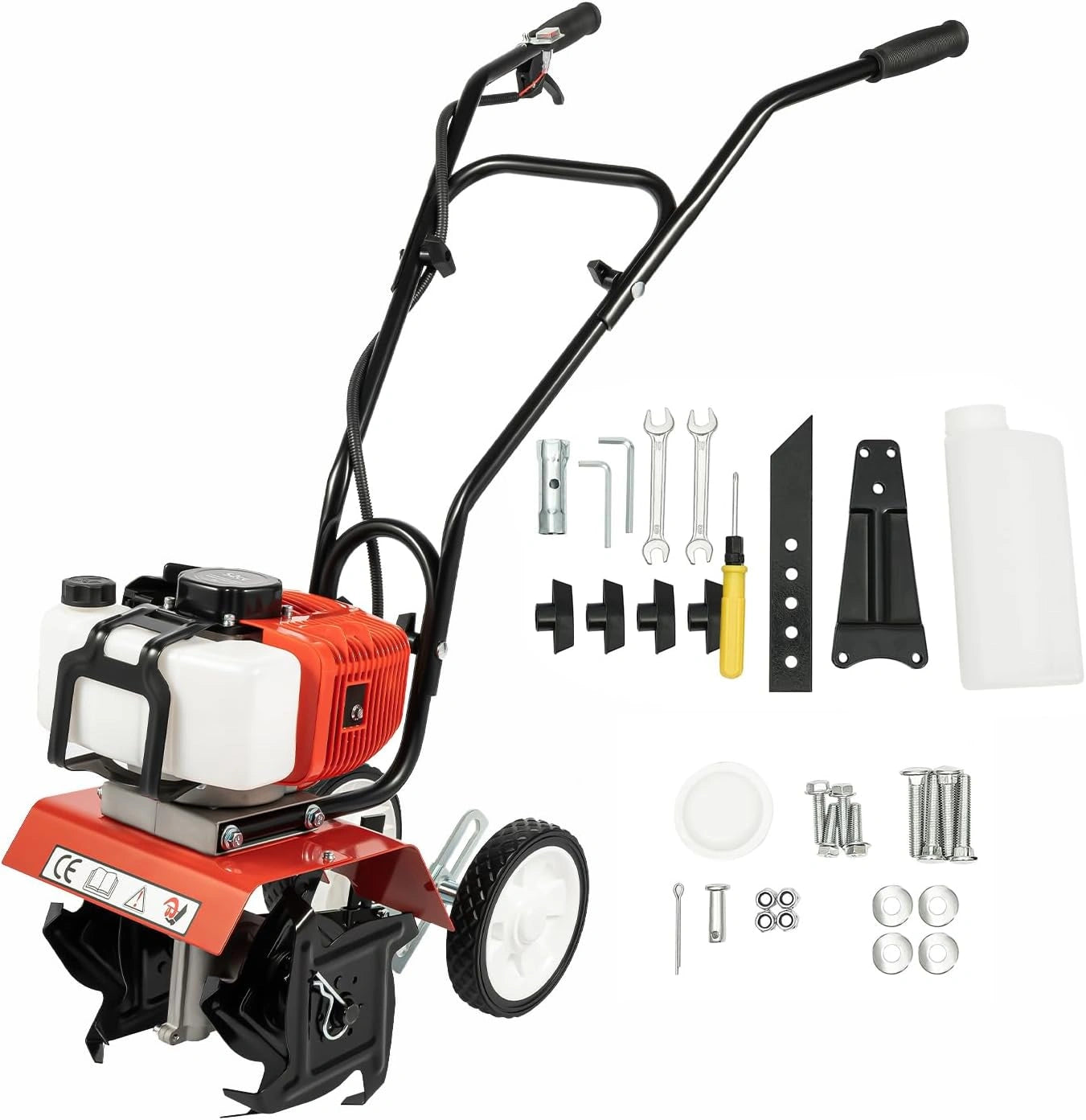 Motobineuse thermique 52CC 2 temps, 4 lames en acier, largeur 35 cm, roues ajustables pour labour et désherbage