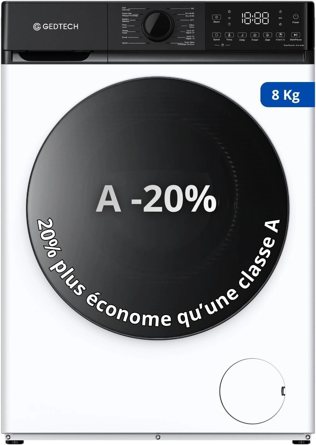 Machine à laver frontale GEDTECH 8 kg - 1400 tr/min - 16 Programmes - Éco - Rapide - Haute Efficacité Energétique A-20%