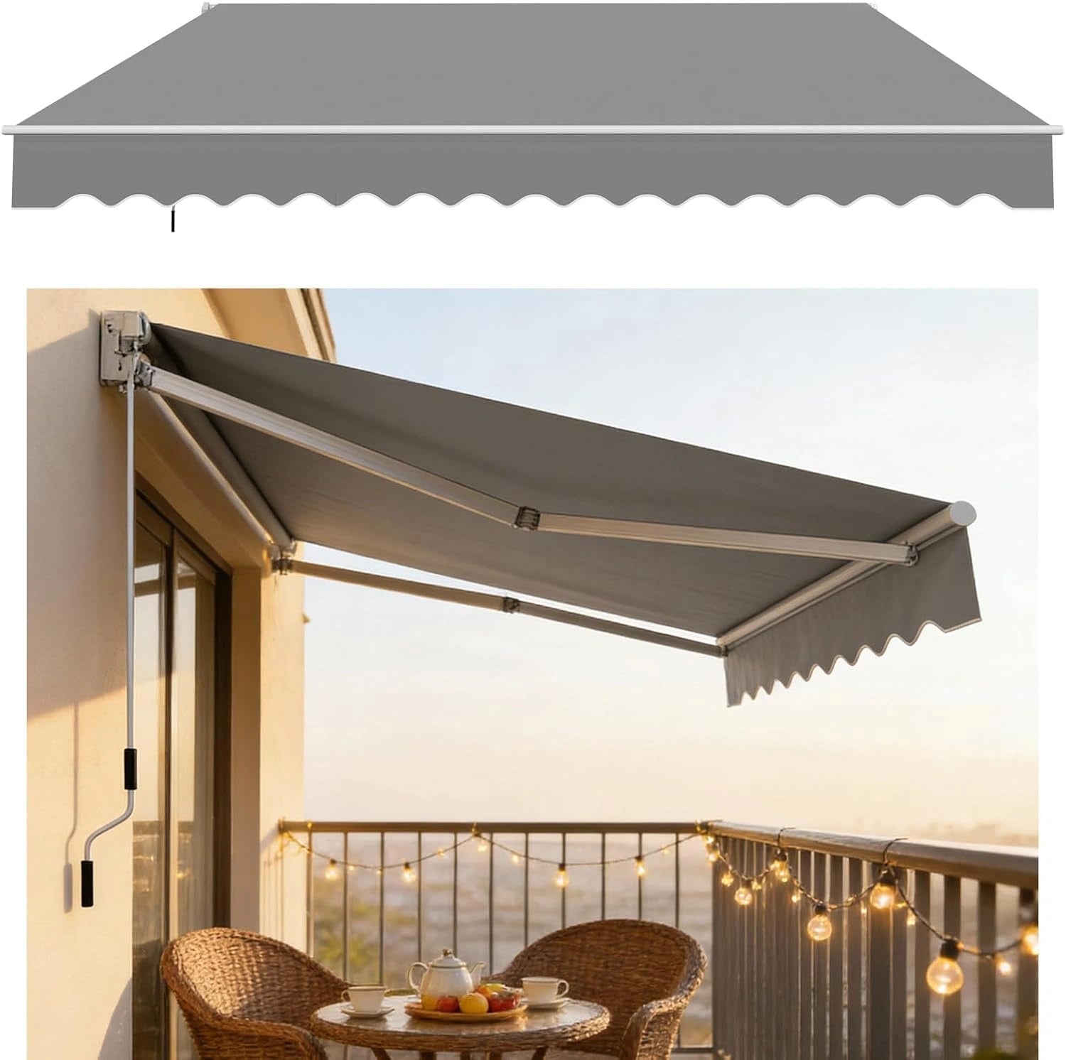 Auvent de Balcon Manuel, Aluminium et Polyester, Rétractable, Anti-UV, Imperméable, avec Manivelle, 300 x 250 cm, Gris