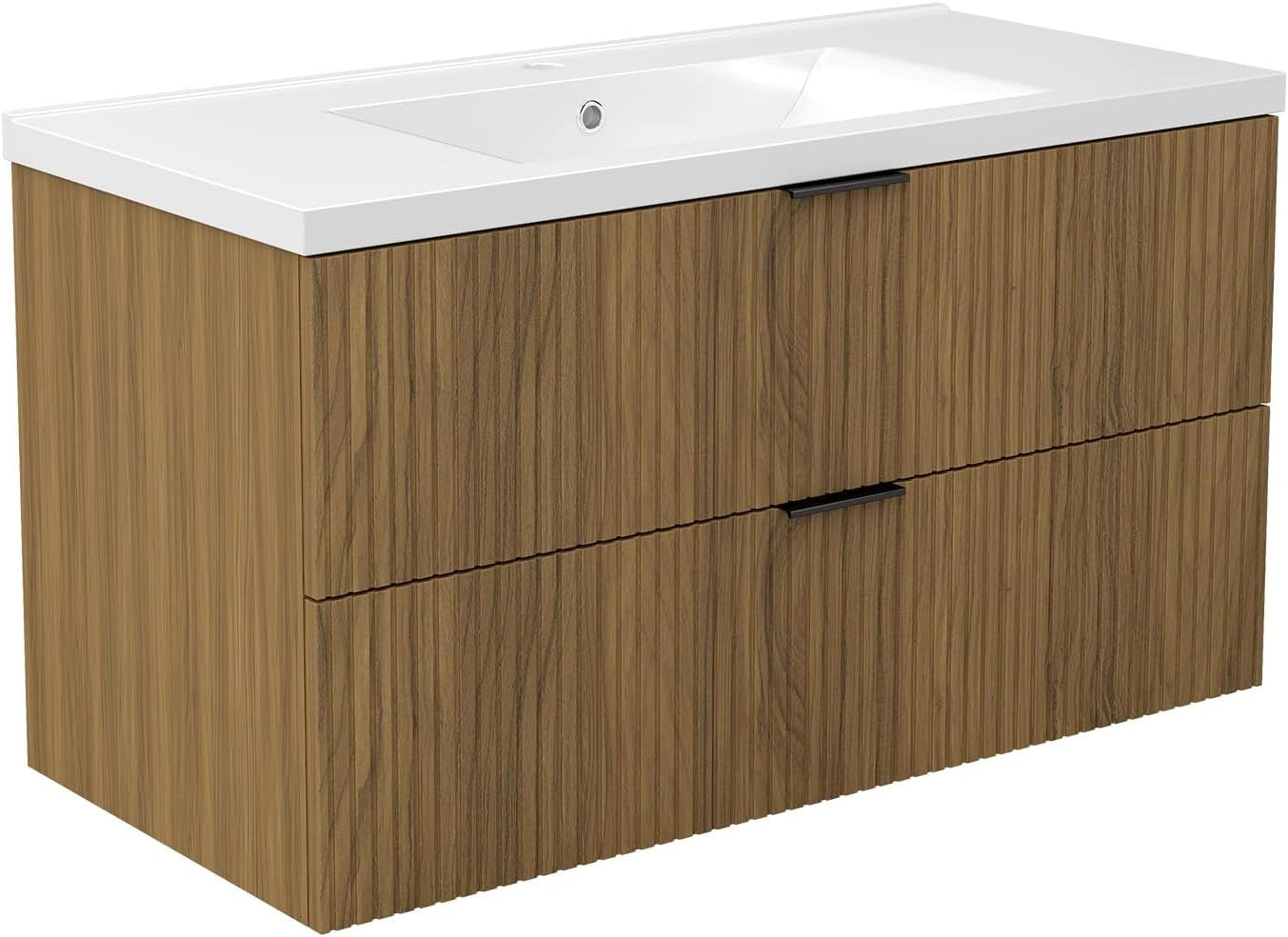 Meuble de Salle de Bain AICA 100 cm avec Vasque en Céramique et 2 Tiroirs Effet Noyer
