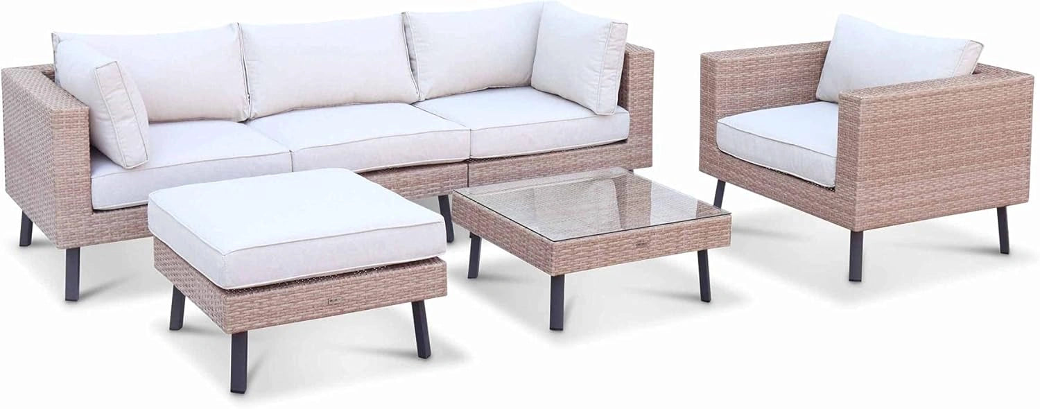 Ensemble de Jardin 5 Places en Résine Tressée Beige avec Coussins – Modèle Alba