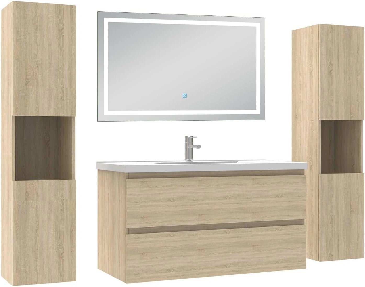 Ensemble de Meubles de Salle de Bain AICA 100 cm avec Colonne et Miroir LED 3 Teintes, Chêne Wotan