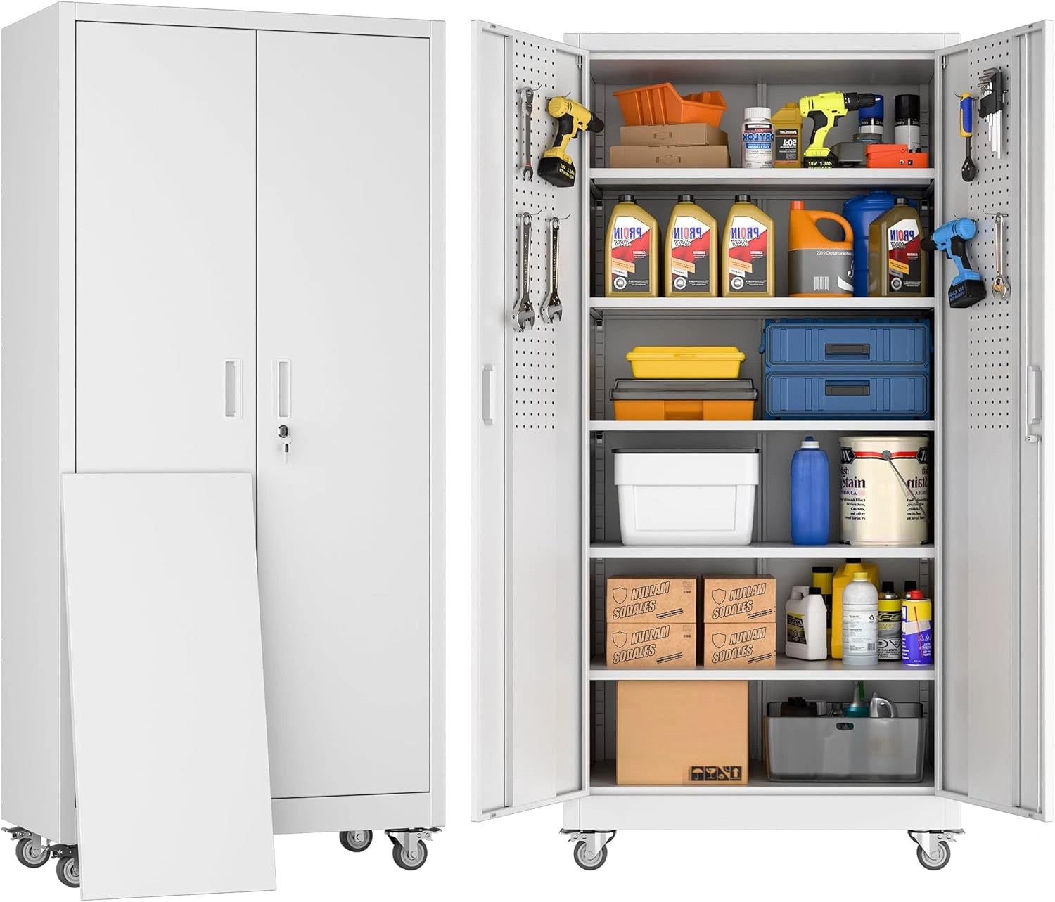 Armoire métallique verrouillable avec pegboard et roues, 5 étagères ajustables, acier enduit, pour outils et garage, 180x80x40cm