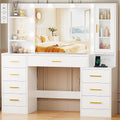 Coiffeuse Moderne ANWBROAD avec LED et Prise, Miroir et Verre, 8 Tiroirs, Blanc