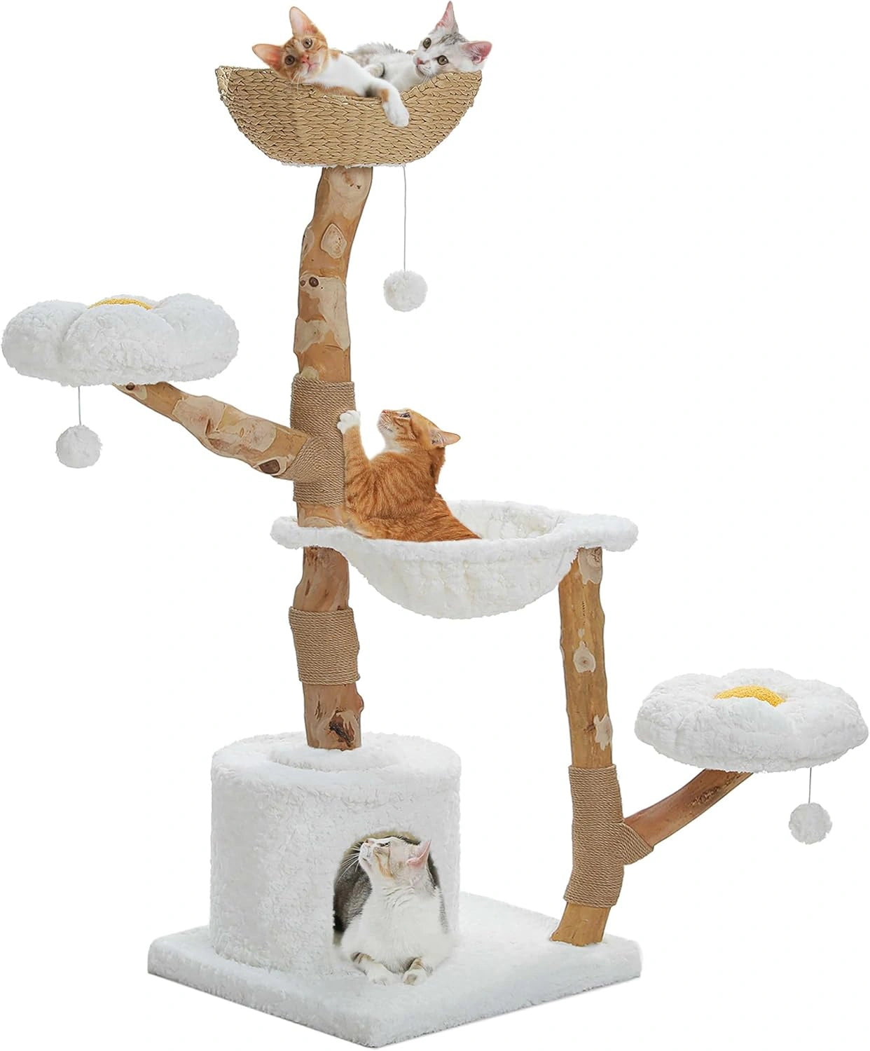 Arbre à Chat Moderne 150 cm pour Grands Chats avec Paniers et Hamac en Bois Massif - Beige