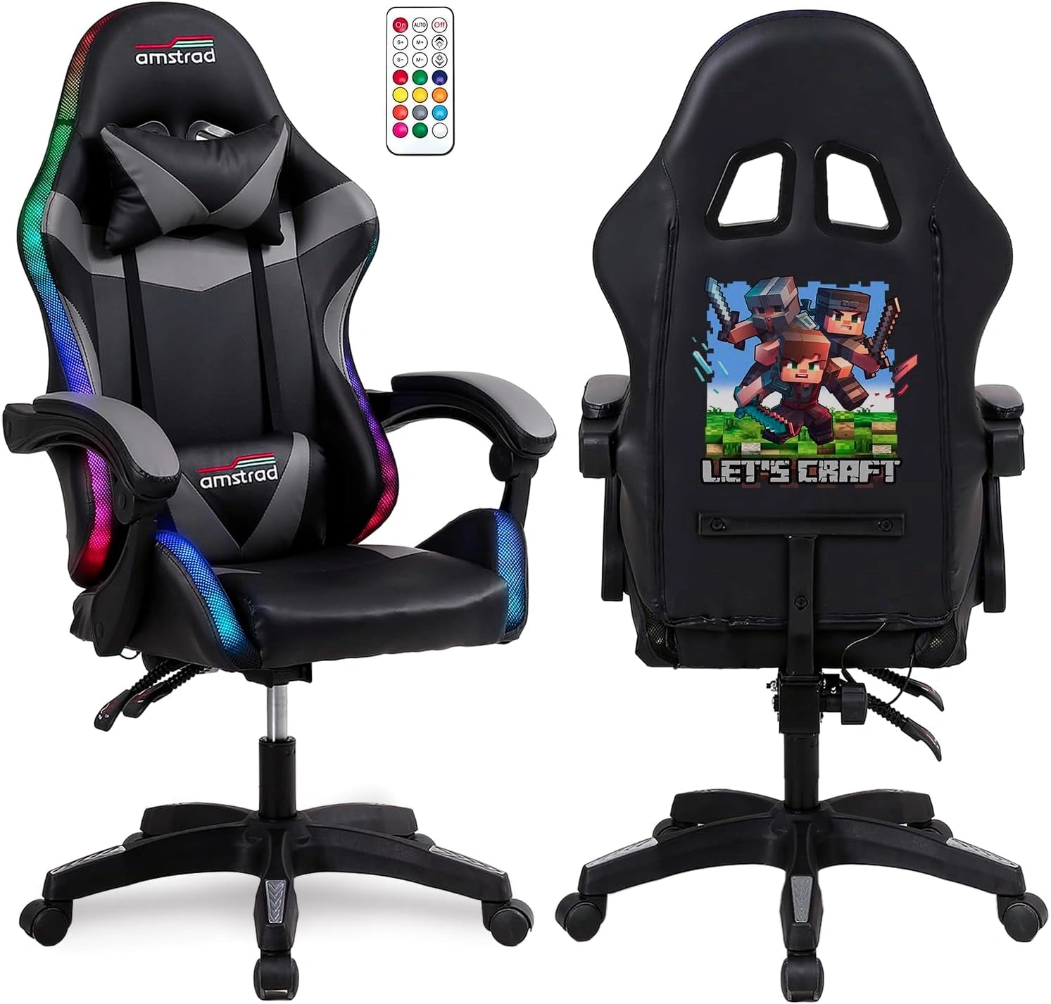 Fauteuil Gamer Amstrad LED Crafter - Noir/Gris avec Télécommande - 366 Effets d'Éclairage