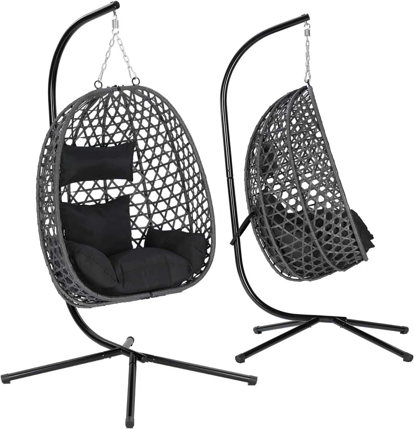 Fauteuil Suspendu en Rotin PE avec Support Métal et Coussin, Capacité 150 kg - Noir
