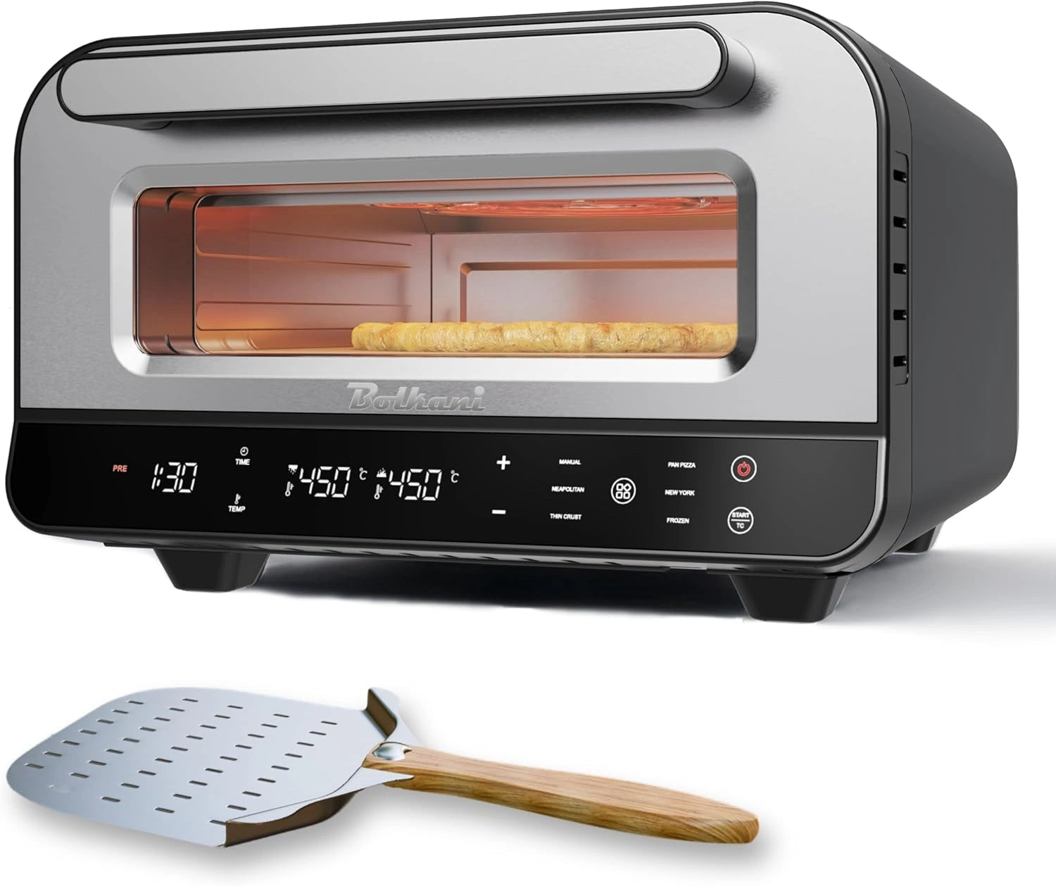 Four à pizza électrique, pierre et pelle incluses – 450°C pour pizzas croustillantes en 2 min – 1700W, minuterie, éclairage et fenêtre
