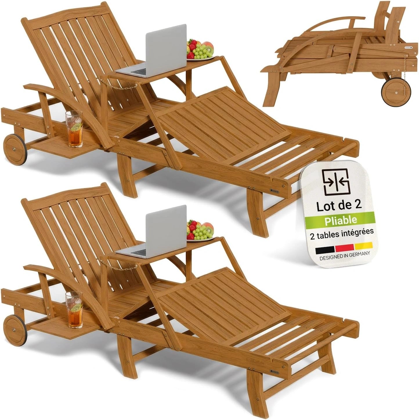 Transats en Bois d’Acacia - Lot de 2 avec Table d'Appoint et Roulettes