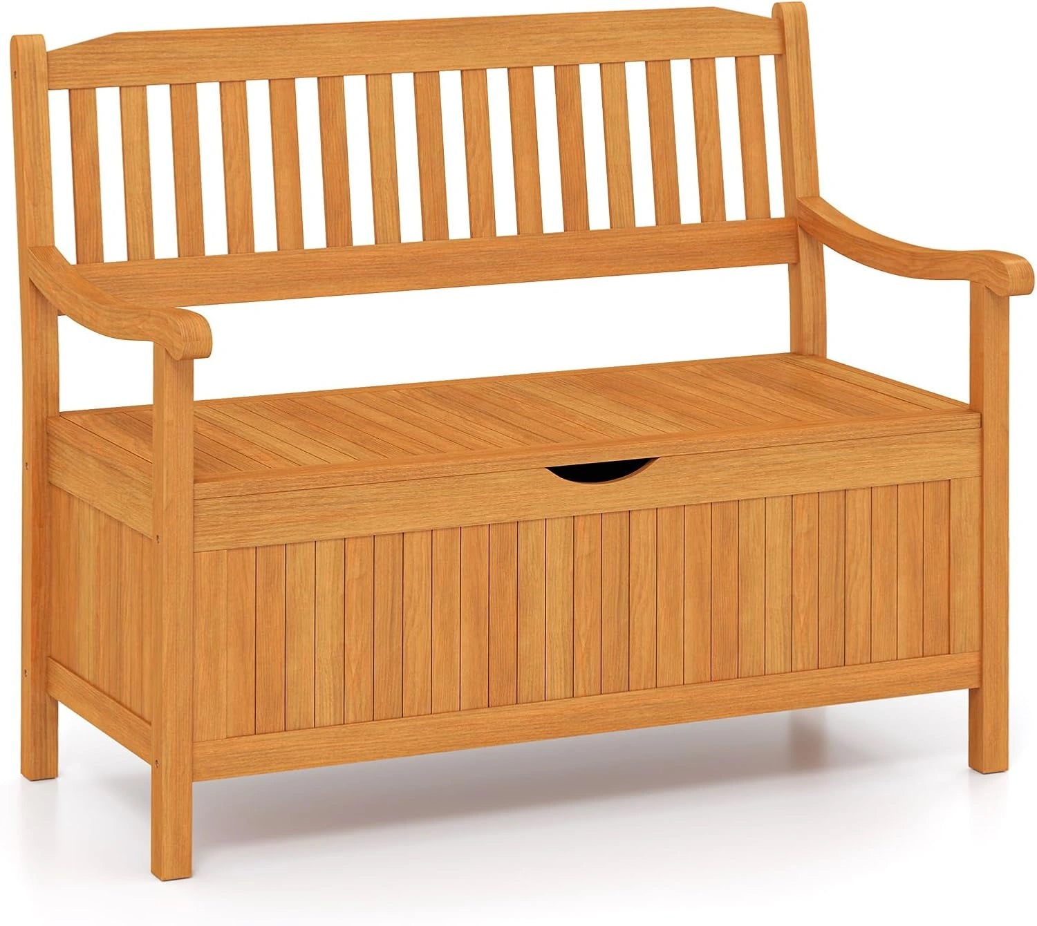 Banc de Jardin en Acacia avec Coffre de Rangement, Dossier et Accoudoirs, 2 Places, 107x59x90 cm, Extérieur Résistant