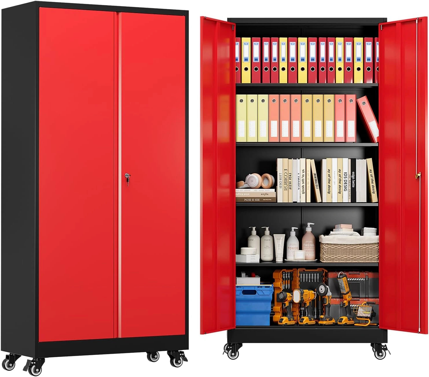 Armoire de Garage Rouge en Métal avec Roulettes et Serrures, 4 Étagères Réglables, 78 x 39 x 179 cm