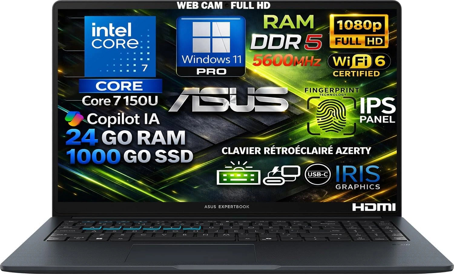 PC Portable ASUS Intel Core i7 14ᵉ Gén 5.4 GHz 10 Cœurs, 24Go RAM DDR5, SSD 1To, Écran 15.6" FHD IPS, WiFi 6E, IA Copilot, Webcam 1080p, Clavier AZERTY Rétroéclairé, Lecteur Empreinte, Windows 11 Pro