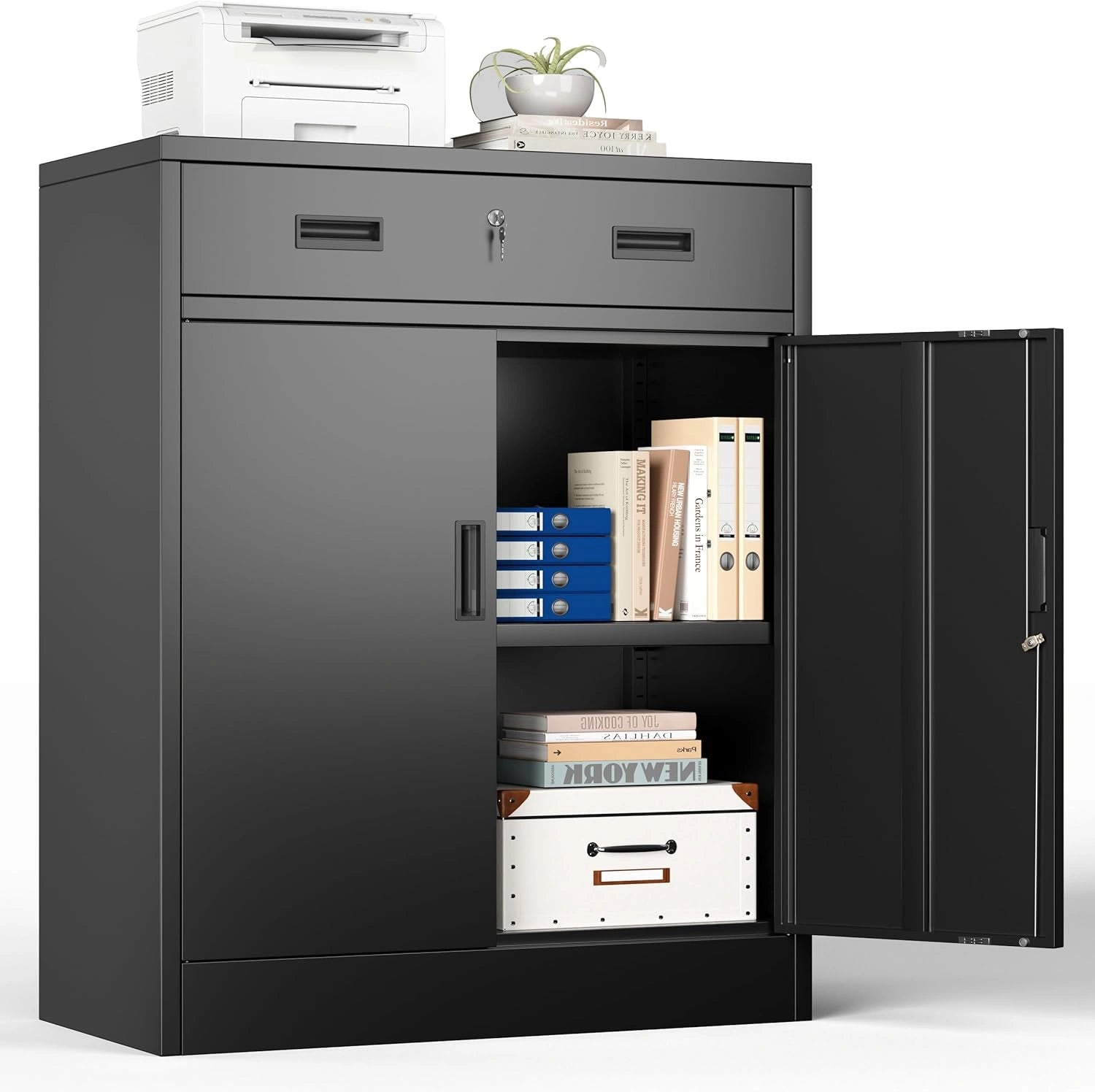 Armoire Métallique Noire avec Serrure, 90x80x40cm, 2 Portes, 1 Tiroir et Étagère Ajustable pour Maison, Bureau et Garage