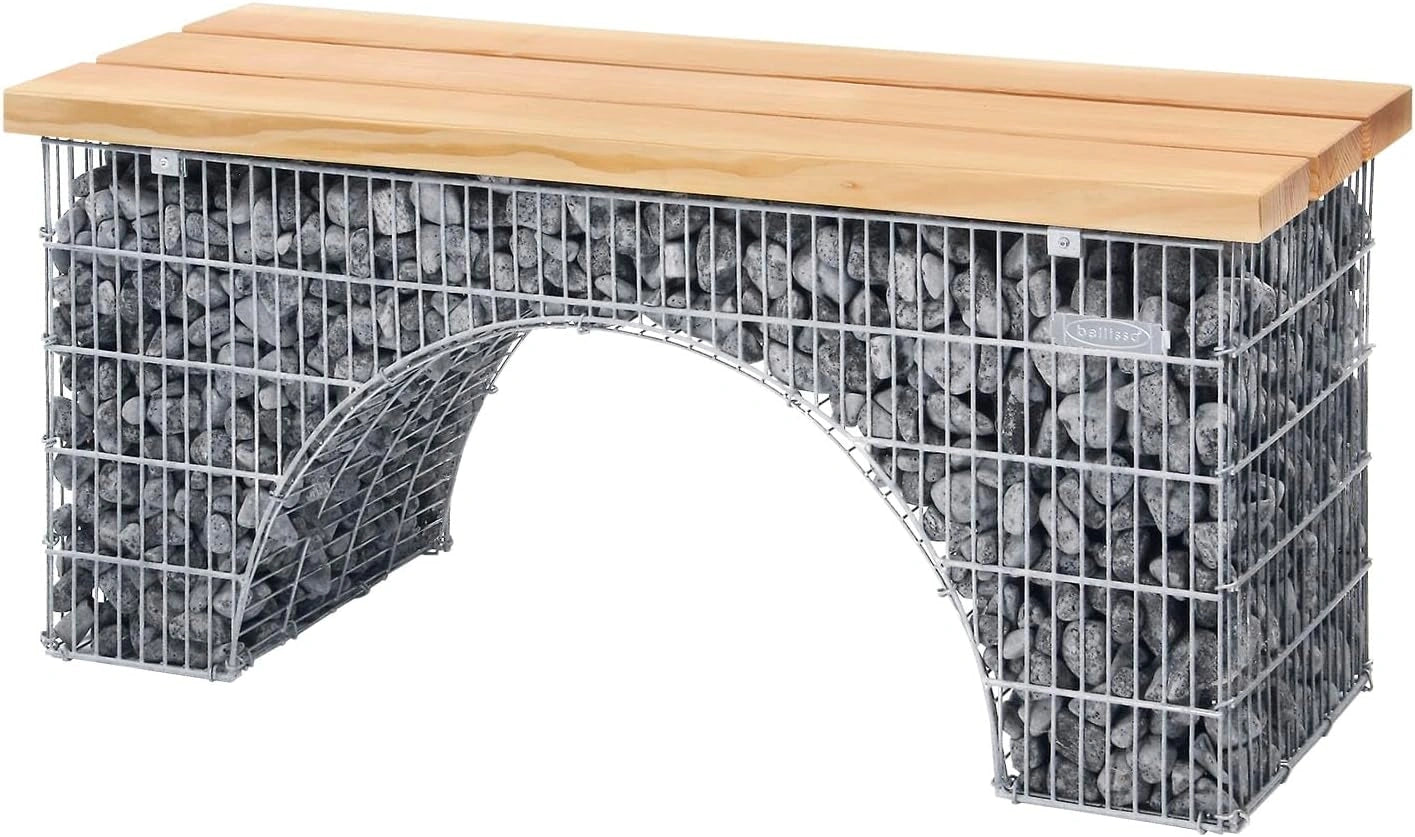 Banc en Gabions ARCO avec Assise en Bois Douglas, Style Romantique Rétro, 125x45x54 cm