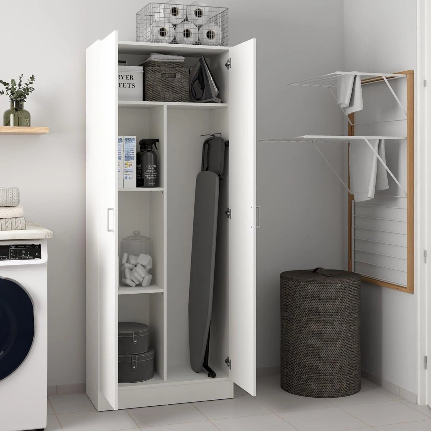 Dmora - Armoire de Rangement Multifonctionnelle Blanche avec Étagères, 2 Portes, 73x37x180 cm
