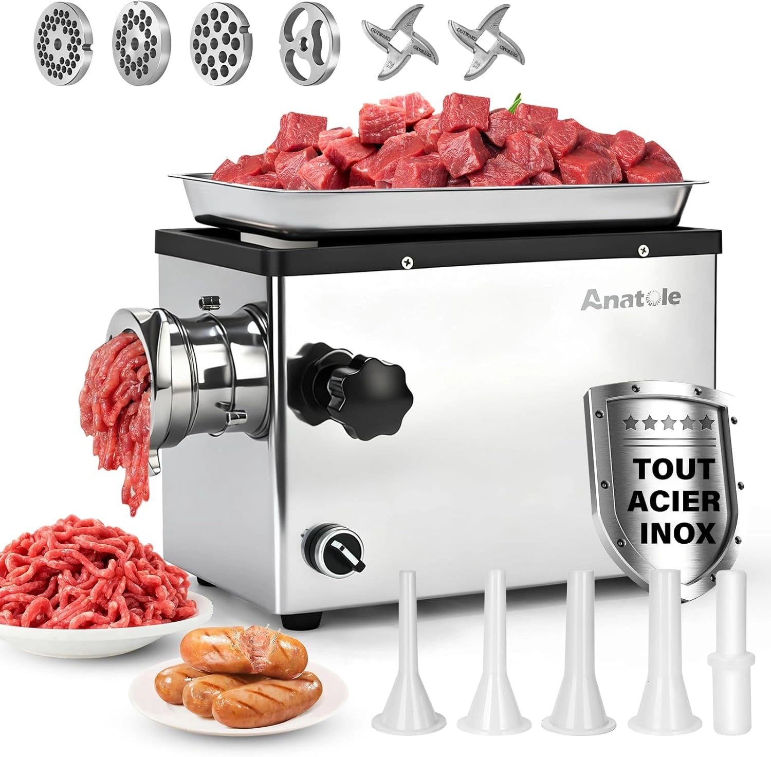 Anatole Hachoir à Viande Électrique 1100W Inox Multifonction avec Plaques de Broyage et Accessoires