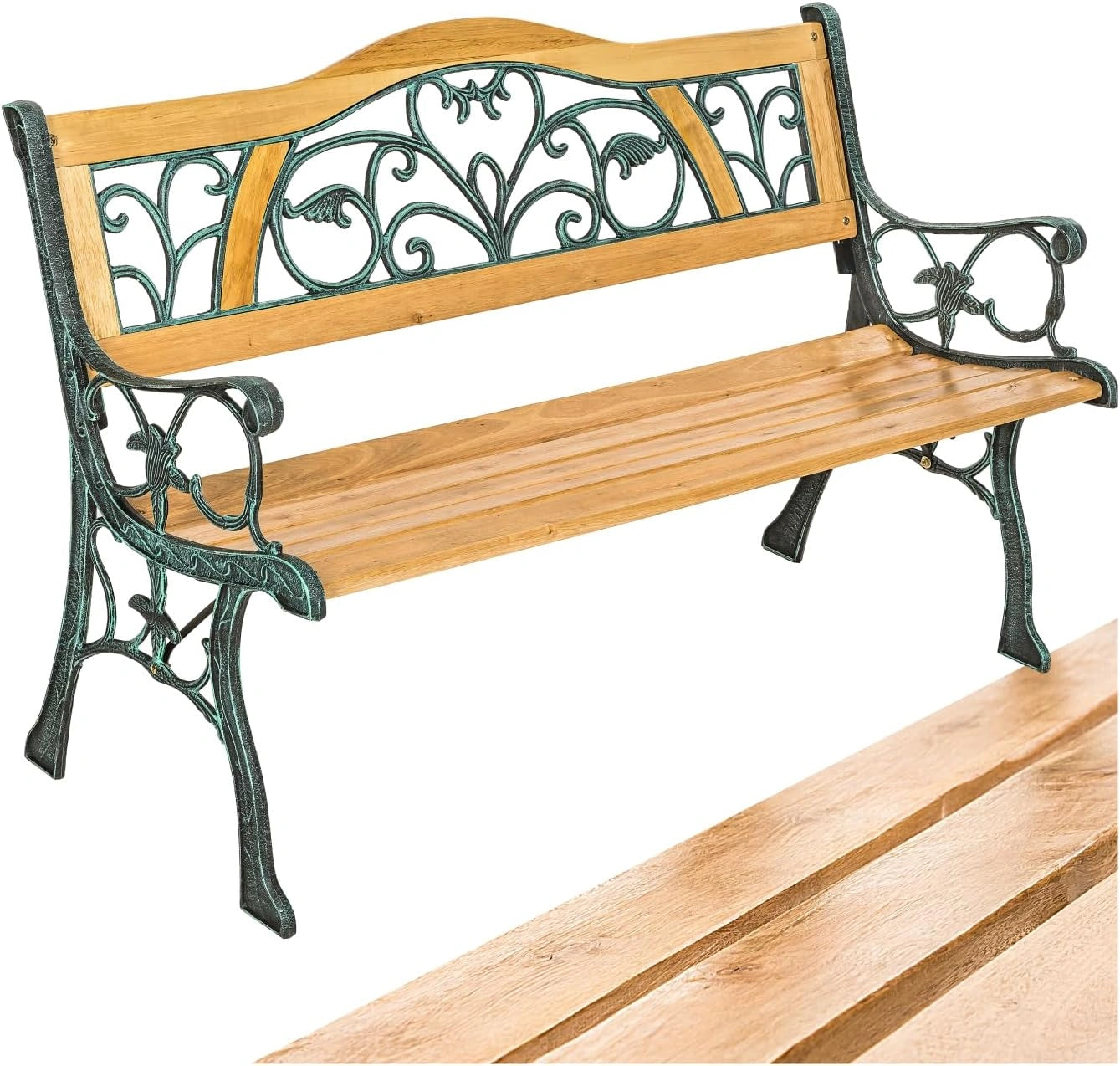 Banc de Jardin en Bois et Fer Forgé Résistant aux Intempéries