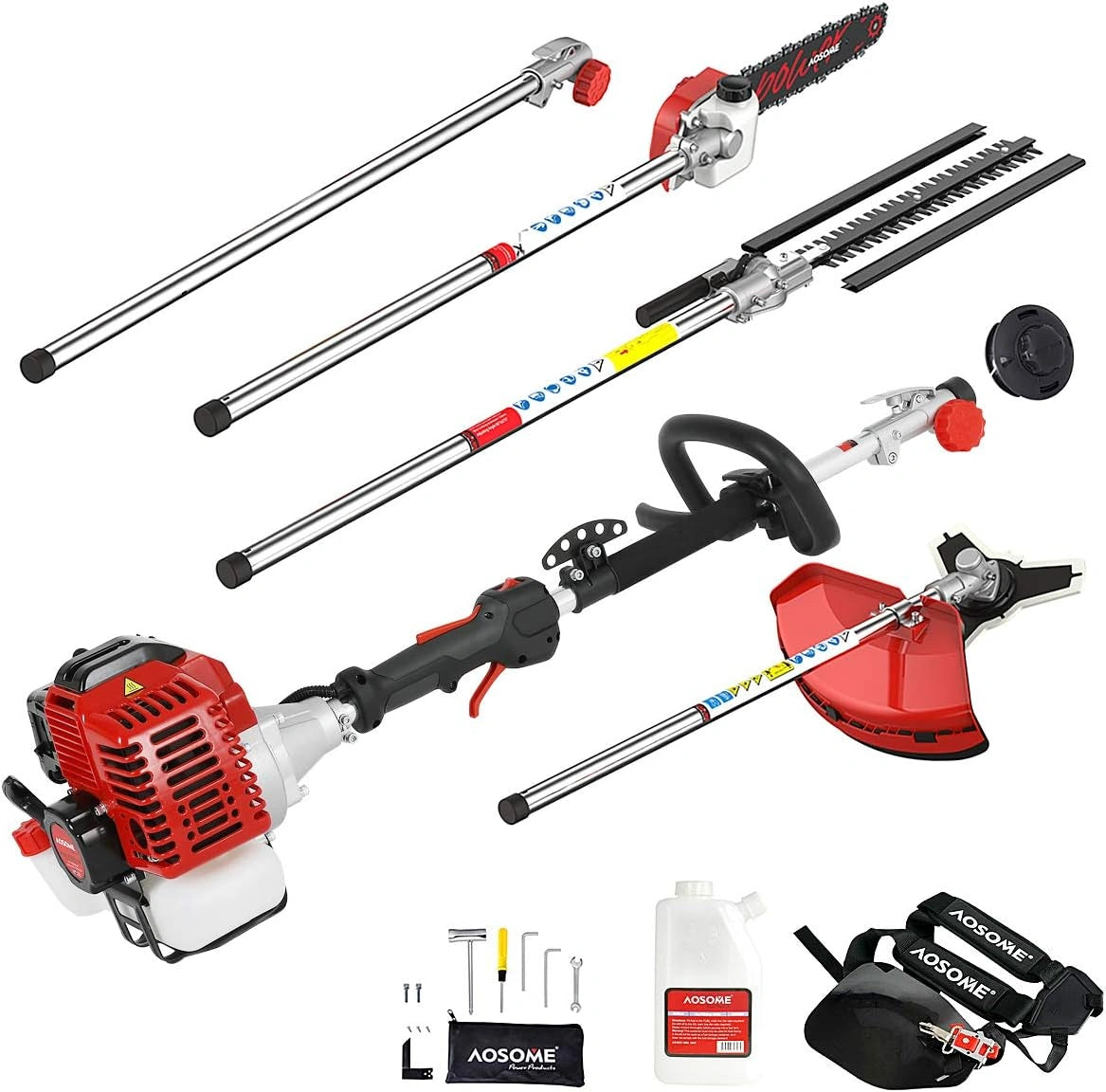 AOSOME Outil de Jardin Multifonction 5 en 1 à Essence, Taille-Haies, Tronçonneuse, Débroussailleuse Professionnelle 52 cm³, 2.2 kW, 3 CV, 2 Temps