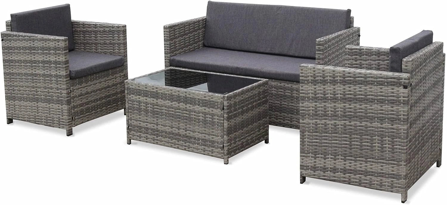 Ensemble de Jardin en Résine Tressée - 4 Places - Canapé et Fauteuils Gris - Table Basse Perugia
