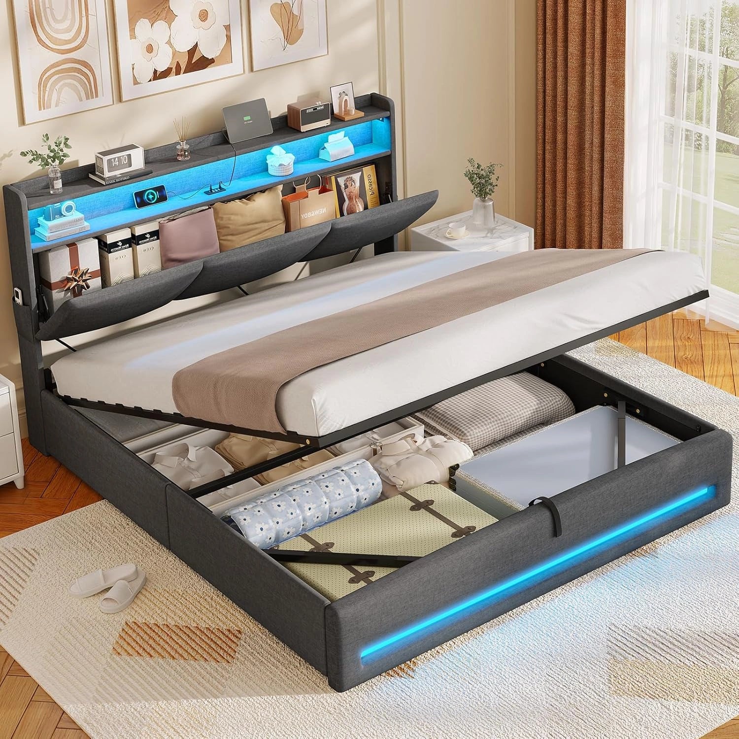 Lit Double 140x190 avec LED et Ports USB, Tête Capitonnée et Rangement Caché, Sommier à Lattes, Lin Gris Foncé