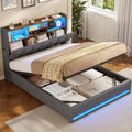 Lit coffre 140x190 avec rangements, sommier à lattes et LED - Lin gris foncé