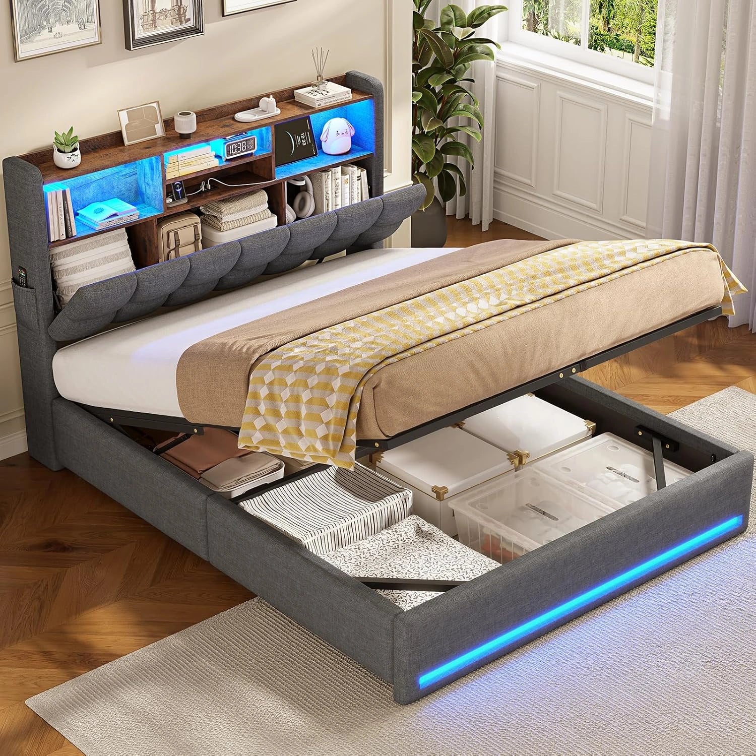 Lit coffre 140x190 avec rangements, sommier à lattes et LED - Lin gris foncé
