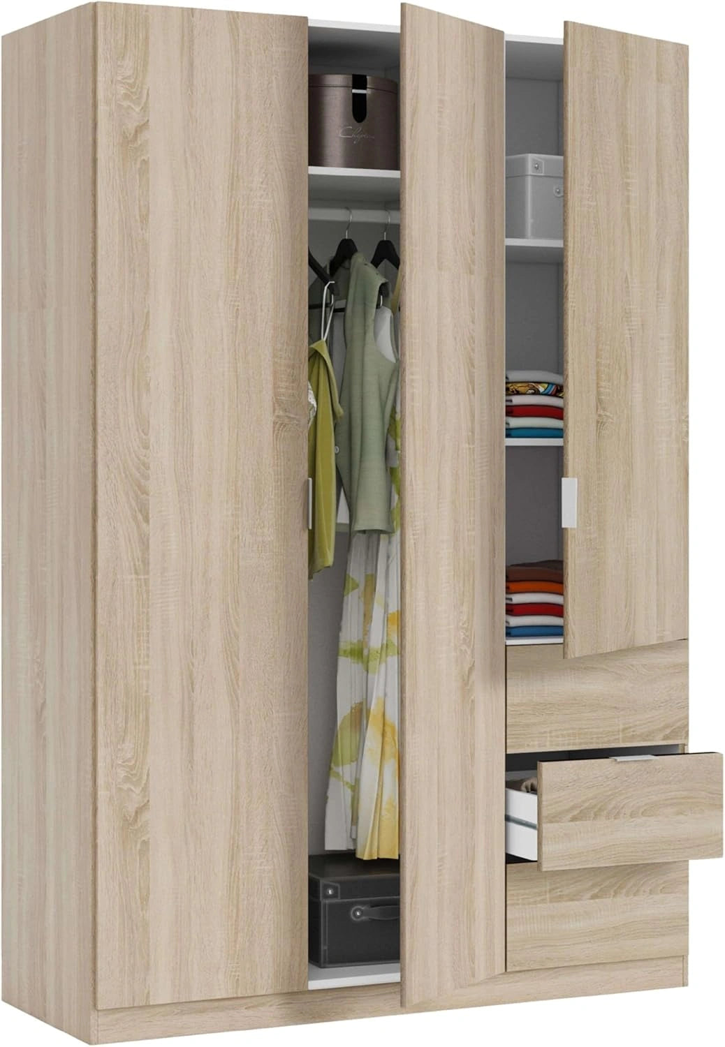Armoire Haute 3 Portes et 3 Tiroirs en Chêne Canadien, 200x135x52 cm